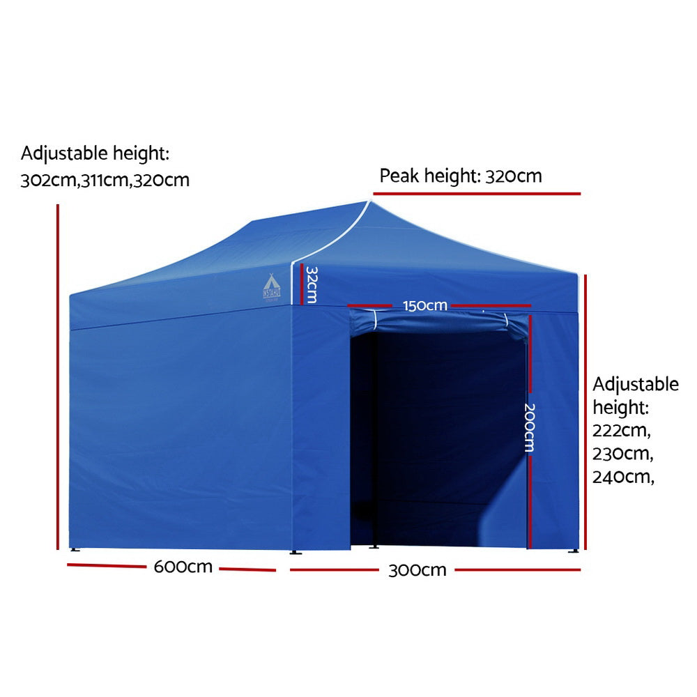 Blue pop-up gazebo with peak height and width/length dimension diagram