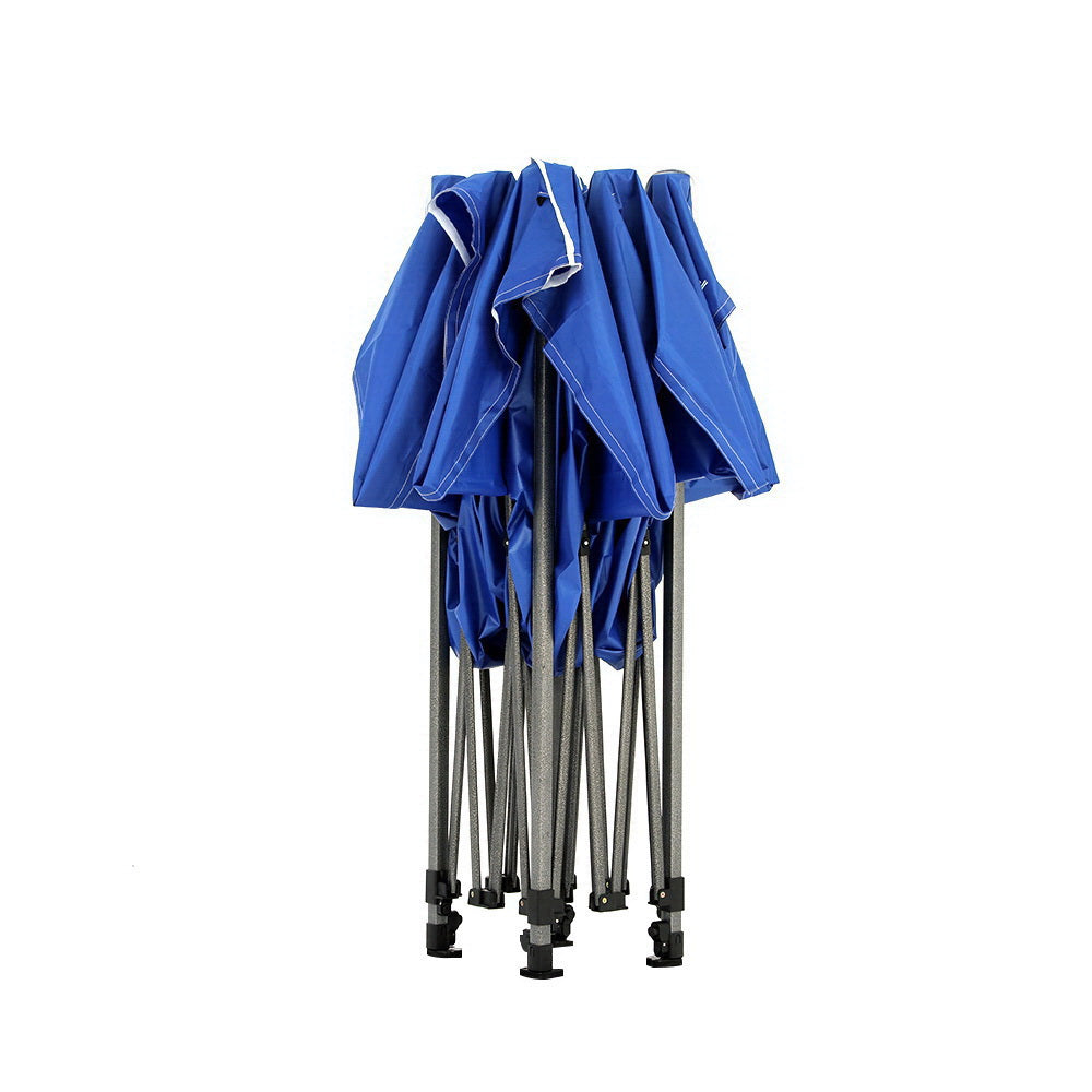 Blue pop-up gazebo frame legs with folded canopy fabric cover