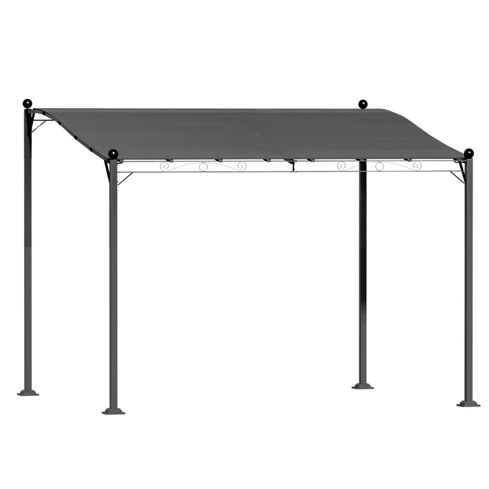 Grey outdoor gazebo canopy with metal frame and four vertical legs
