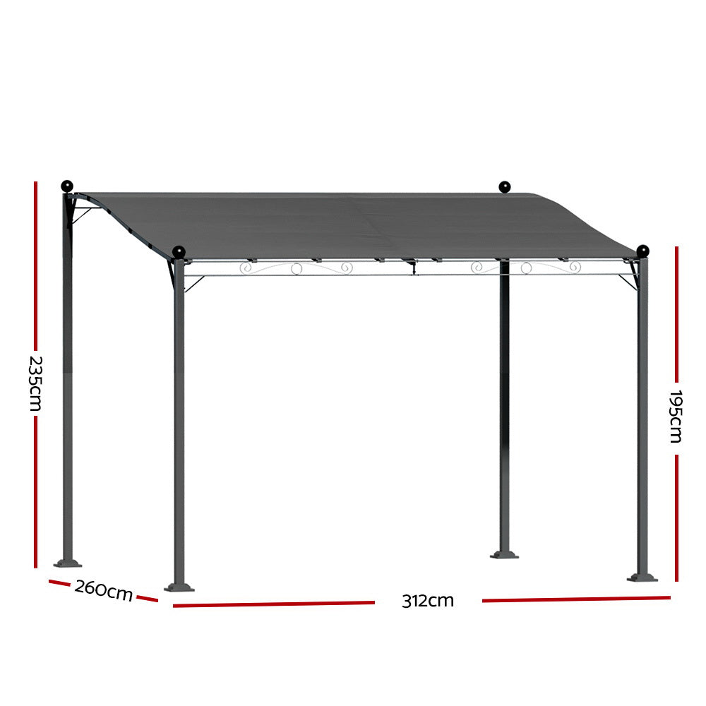 Grey pop-up gazebo frame with pull-out canopy and included height/width measurements