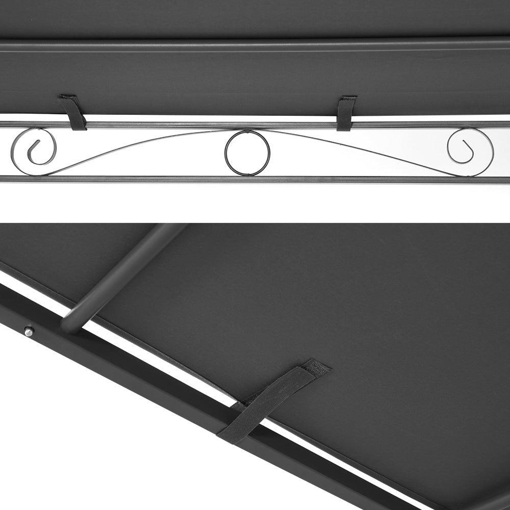 Gazebo canopy edge with metal bar supports and decorative ring accents