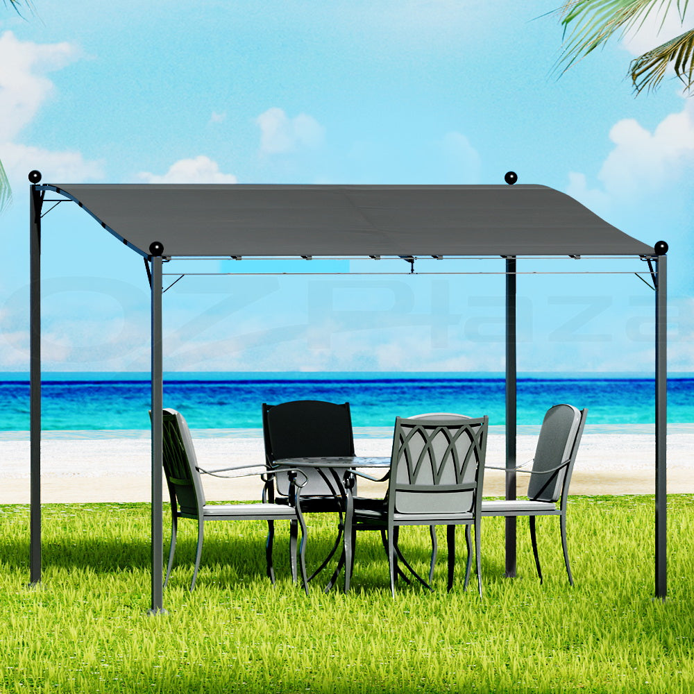 Grey outdoor gazebo with roof canopy and four sturdy metal legs