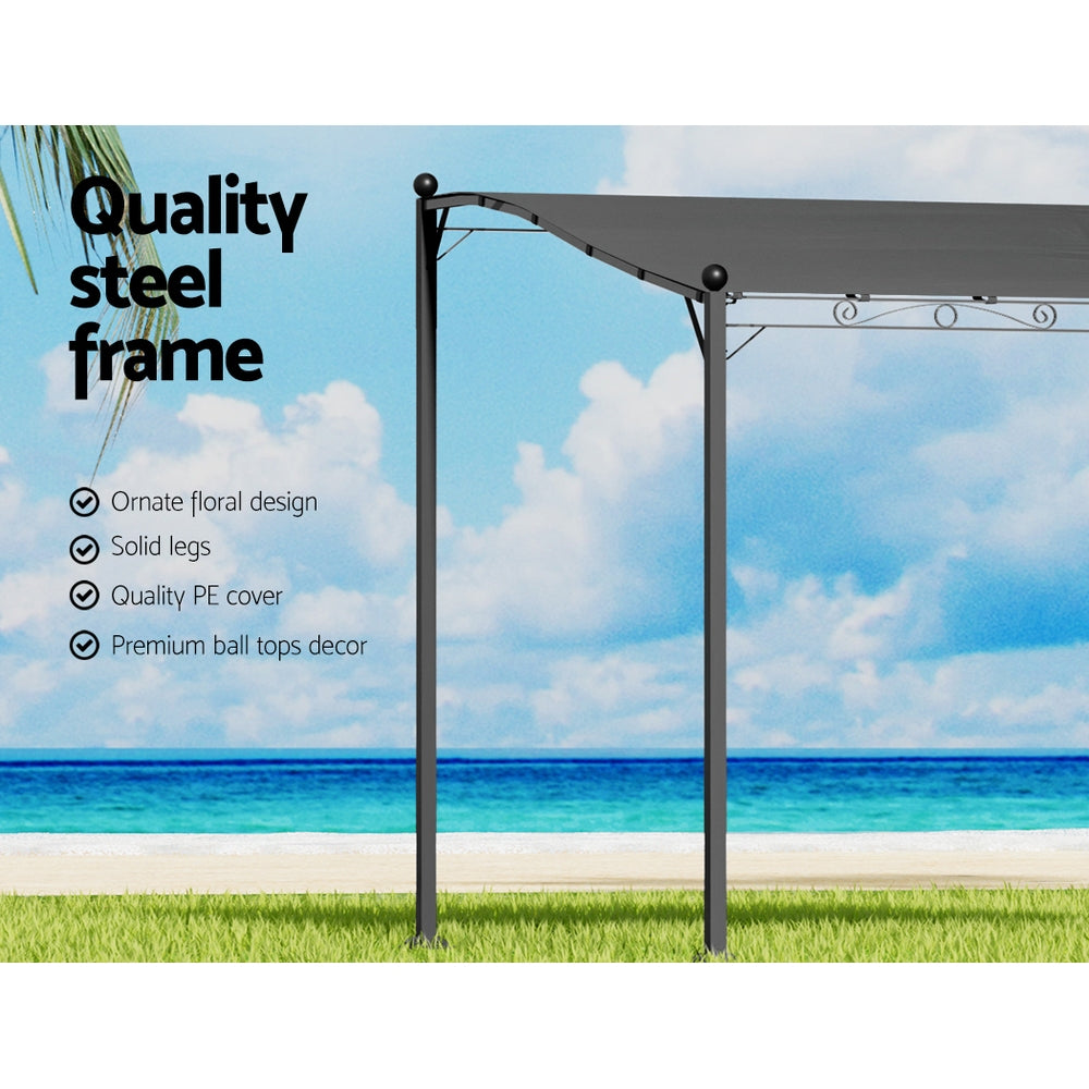 Grey gazebo frame with ornate floral scroll accents under a fitted PE canopy