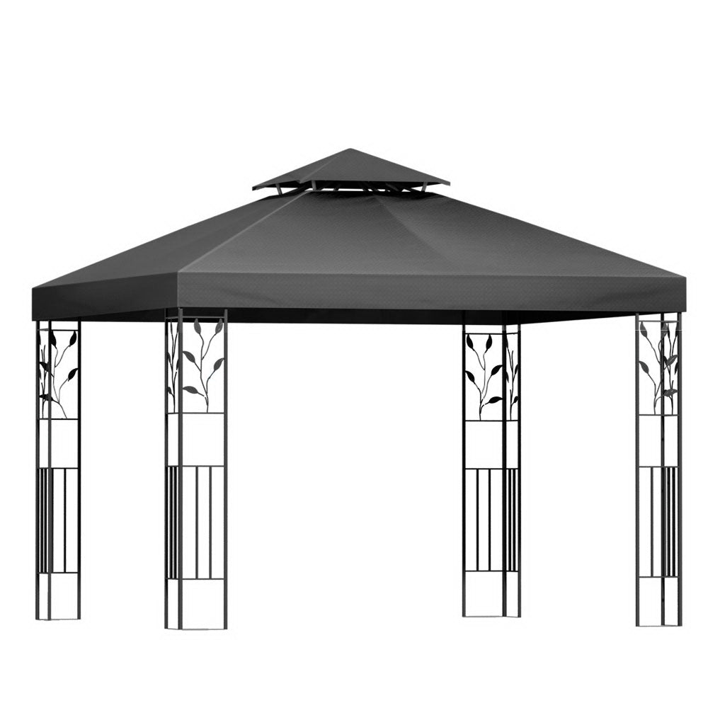 Outdoor gazebo with dark grey canopy and ornate black metal side panels