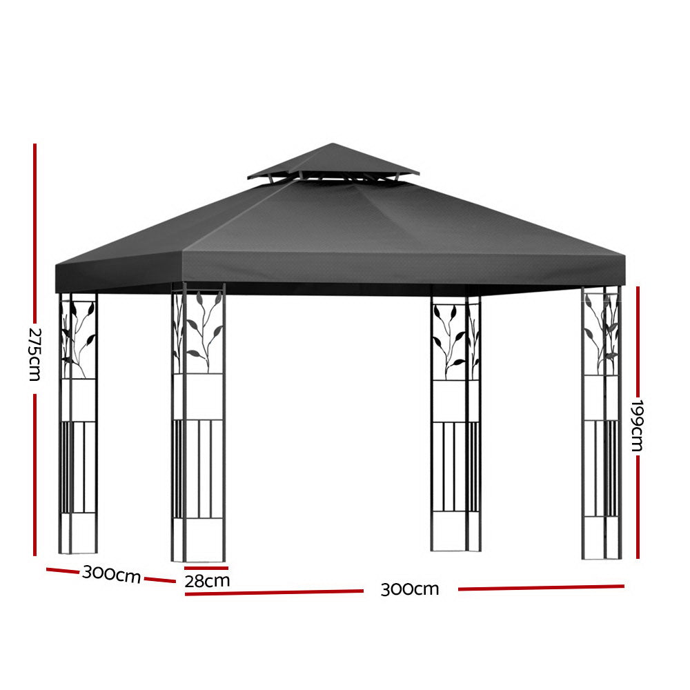 Freestanding outdoor gazebo with dark grey canopy and decorative metal side screens