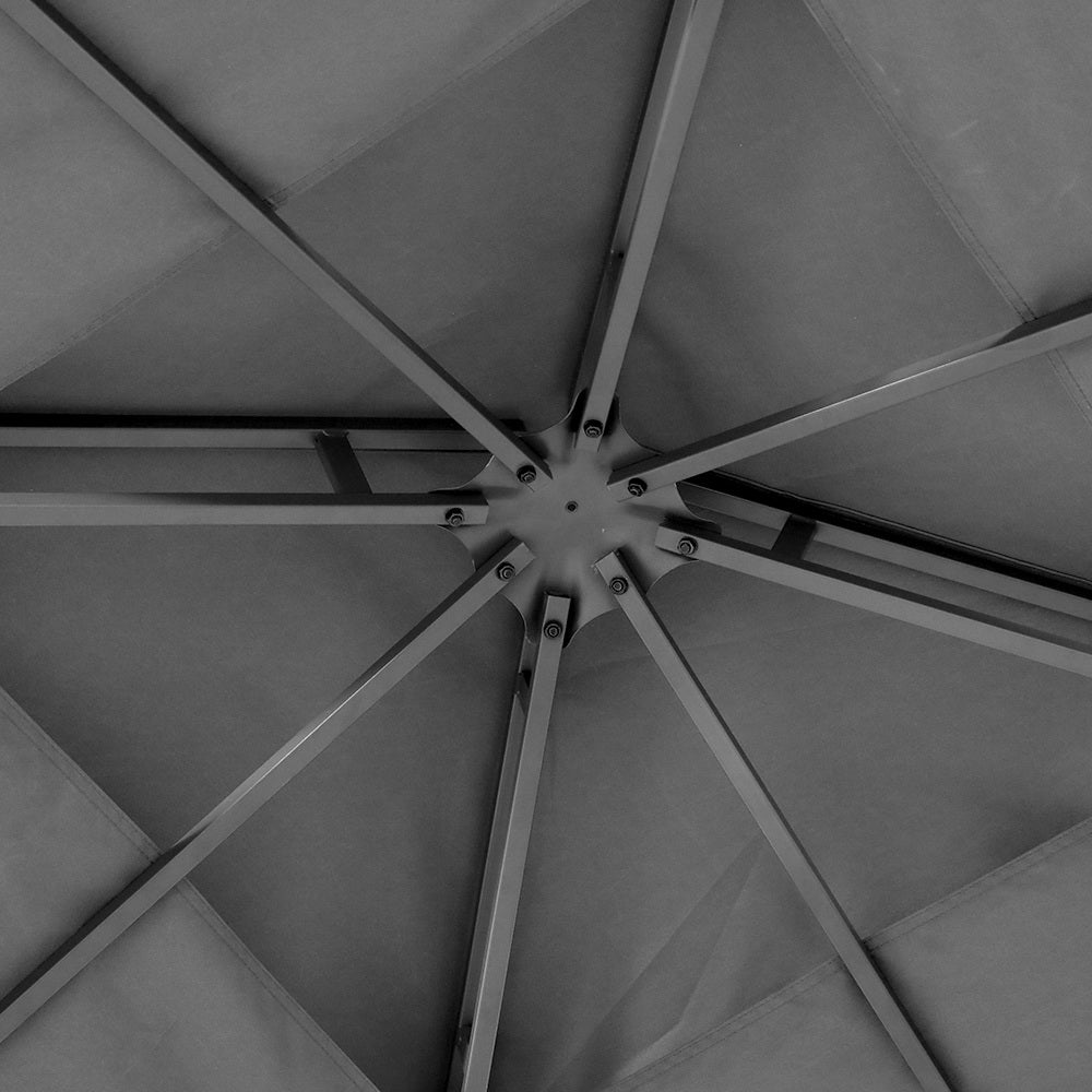 Gazebo roof crossbars with central metal hub under the dark grey canopy