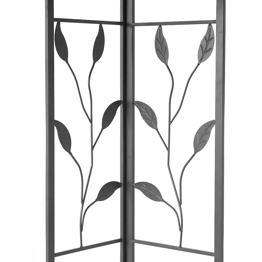 Ornate floral metal screen panel for an outdoor gazebo, with dark frame