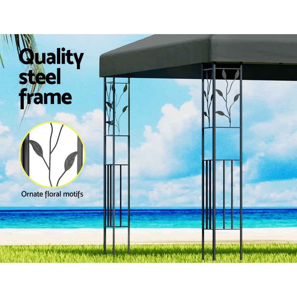 Outdoor gazebo steel frame with ornate floral motifs and dark grey canopy top