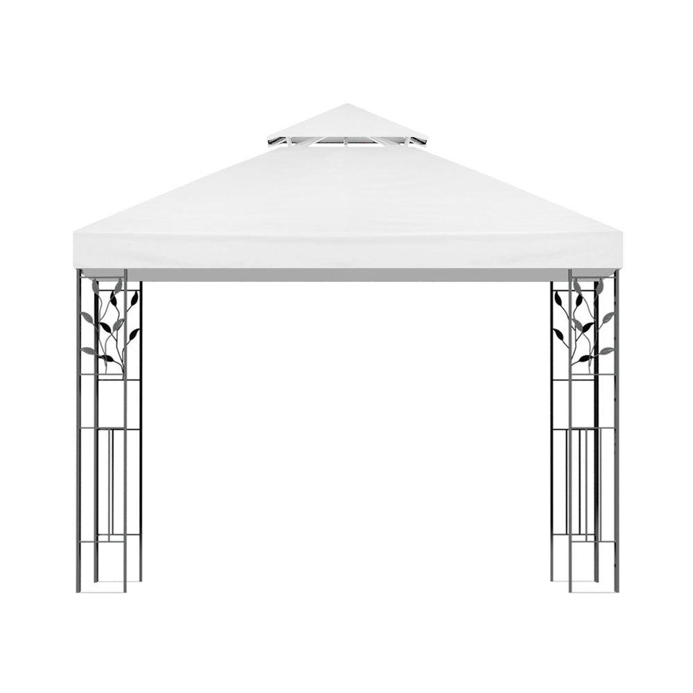 White outdoor gazebo with iron frame and decorative leaf side panels