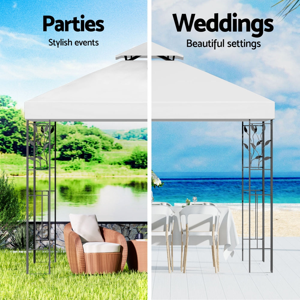 White outdoor gazebo with open iron sides and white canopy over seating