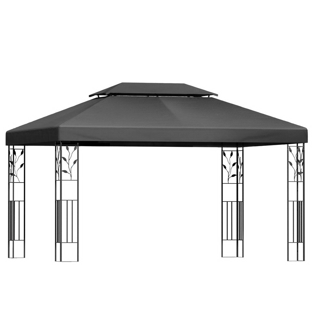 Grey outdoor gazebo canopy with ornate metal side panels and open front