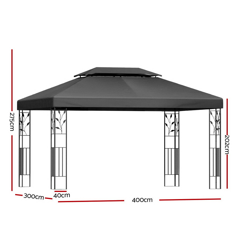 Grey outdoor gazebo canopy tent with ornate metal frame and open sides