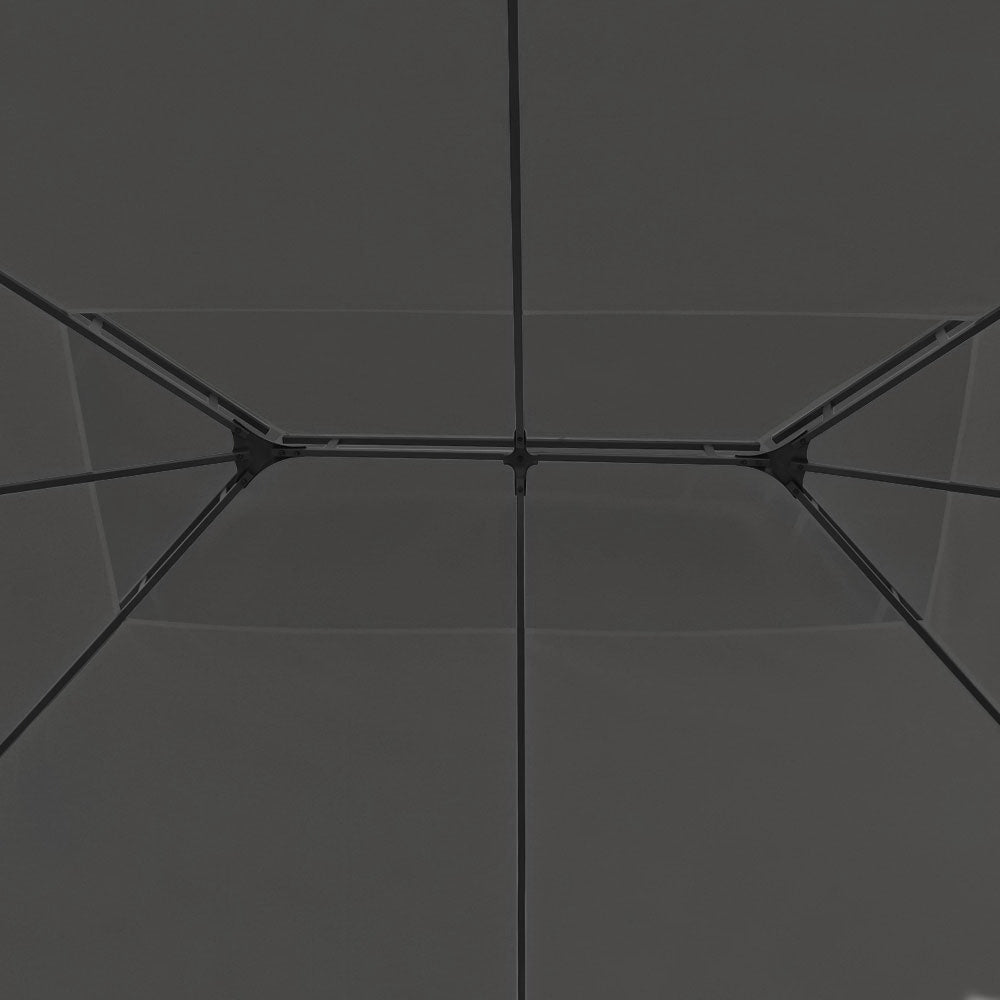 Grey gazebo canopy roof with central support seam and cross braces