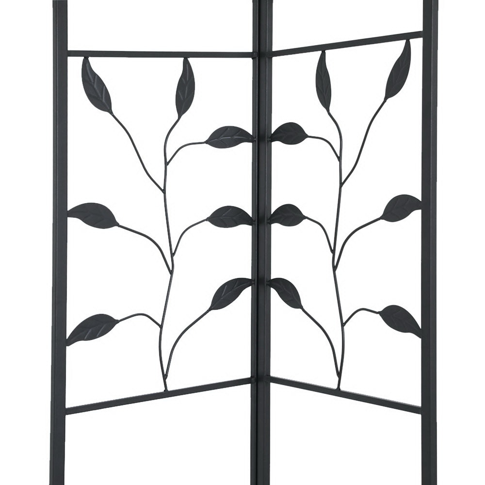 Ornate floral metal screen panel for outdoor gazebo with black frame