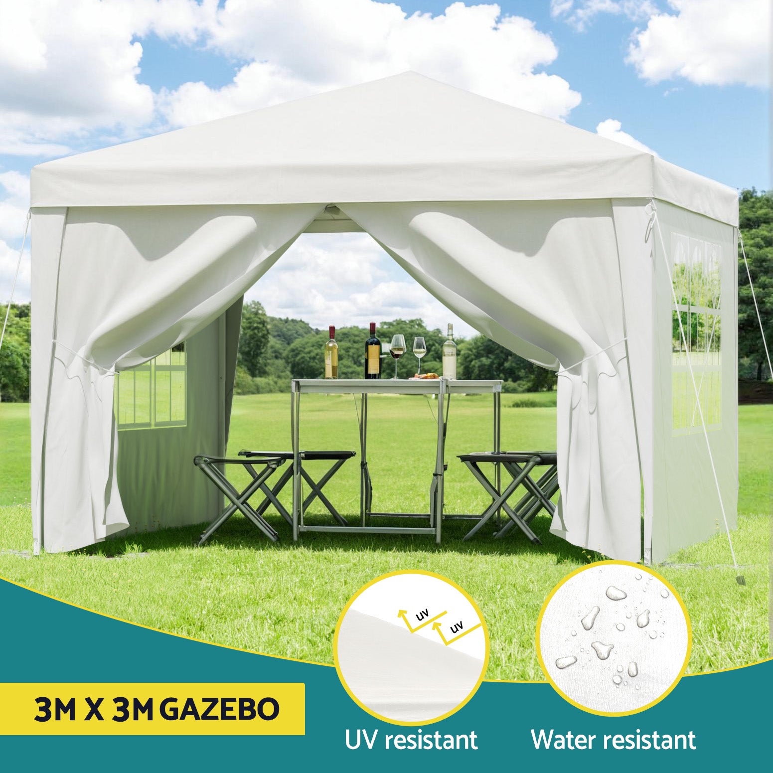 Instahut Gazebo 3x3 Pop Up Marquee Folding Tent Wedding Gazebos Camping Outdoor Canopy White Bedworld