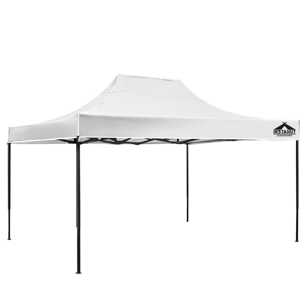 Pop-up marquee gazebo with white canopy and black steel legs, open side panels