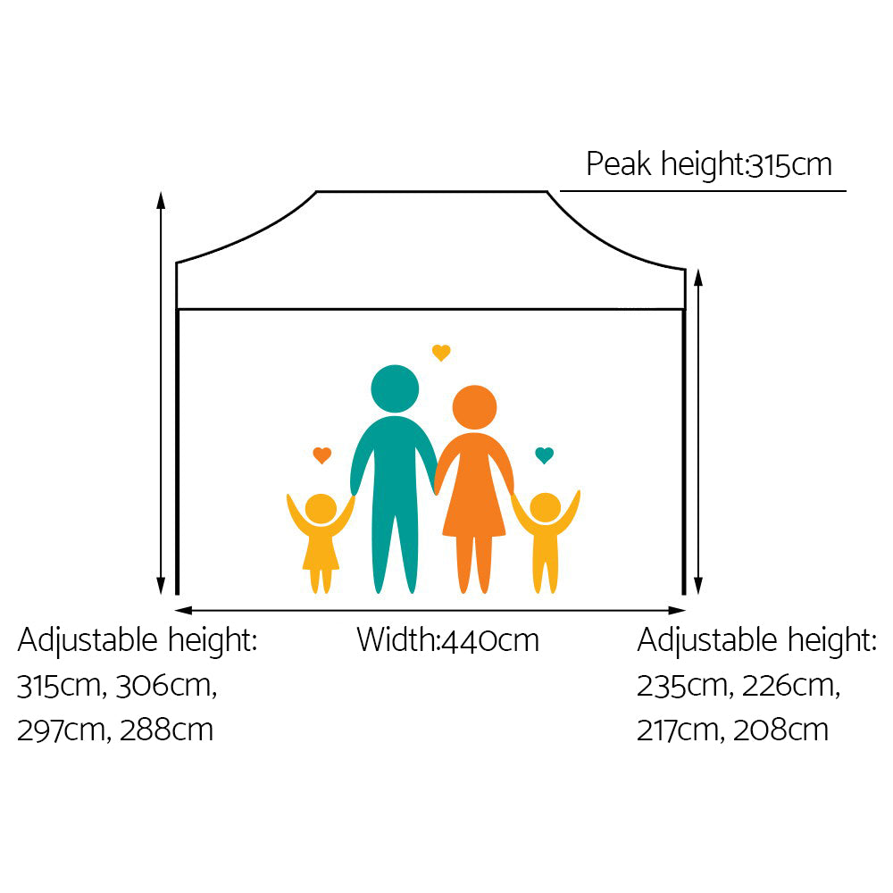 Folding marquee tent diagram with white roof, black frame, adjustable height and width
