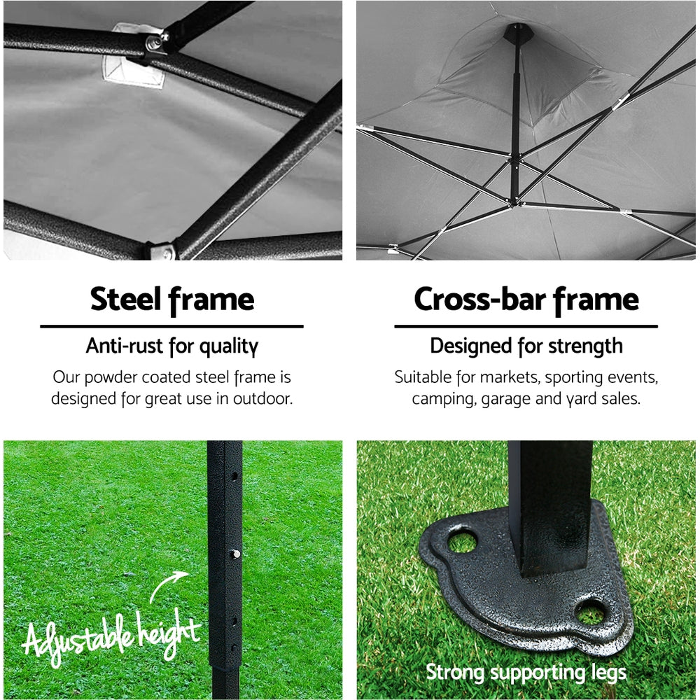 Pop-up tent frame detail with cross-bar supports and adjustable, strong supporting legs
