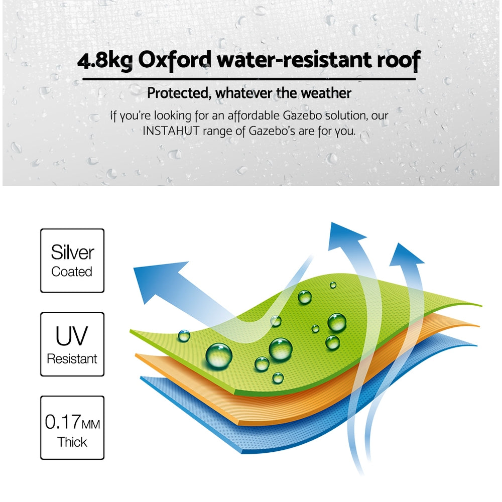 Oxford fabric roof feature graphic for pop-up marquee with water-resistant, silver coating