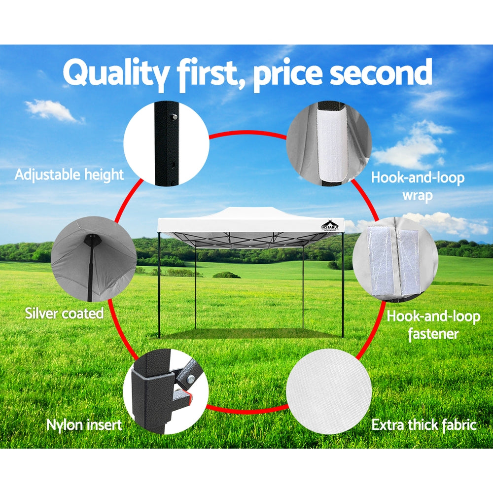 Pop-up gazebo accessory feature graphic showing adjustable height, hook-and-loop wrap, UV