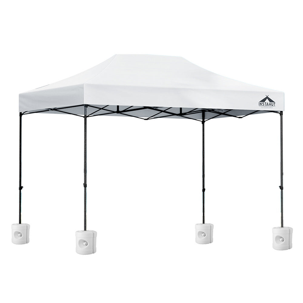 Instahut pop-up gazebo canopy with white roof and black frame, four hanging lights