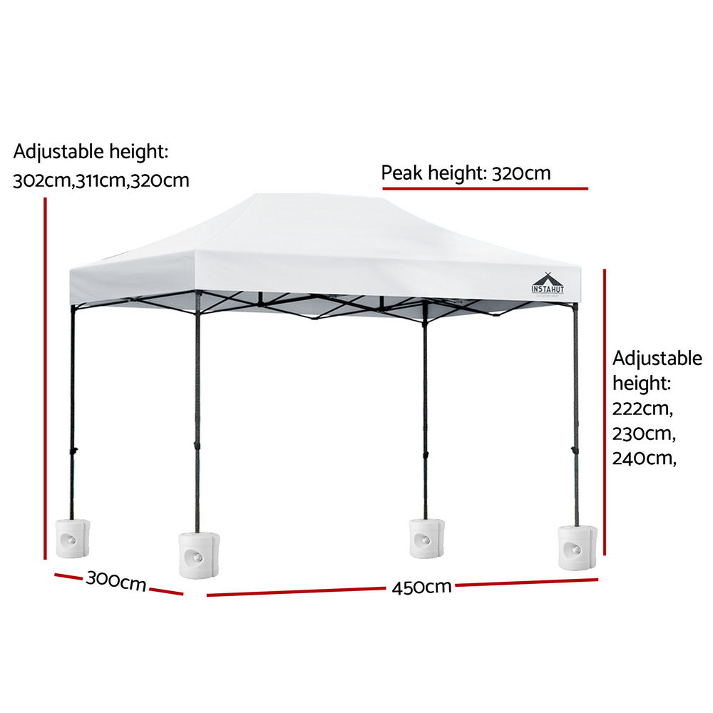 Instahut pop-up gazebo with white top, black support frame, four hanging lights