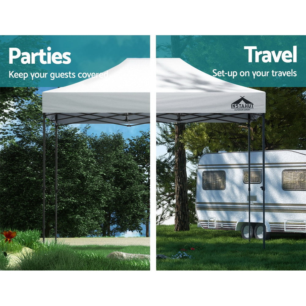 Instahut pop-up gazebo with white canopy roof and black frame, outdoor shade shelter