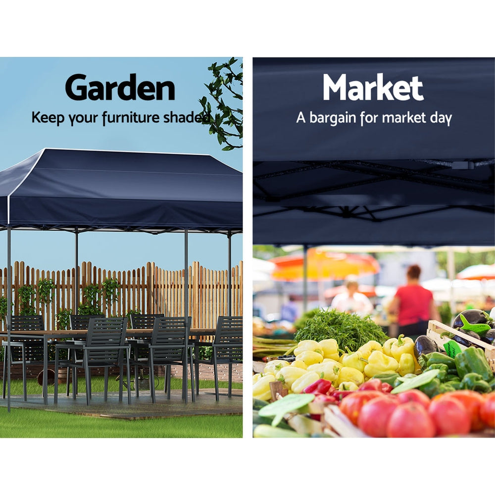 Navy pop-up gazebo canopy with open sidewalls and steel frame legs