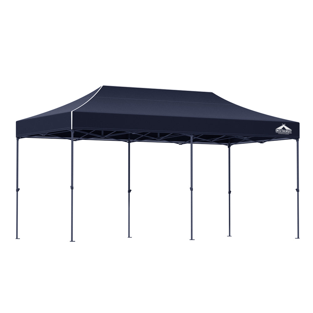 Navy pop-up gazebo tent with sloped canopy and open side panels