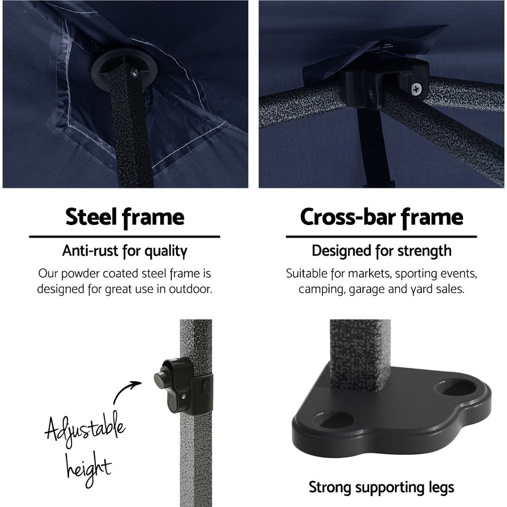 Navy gazebo steel frame with cross-bars and adjustable height supporting legs