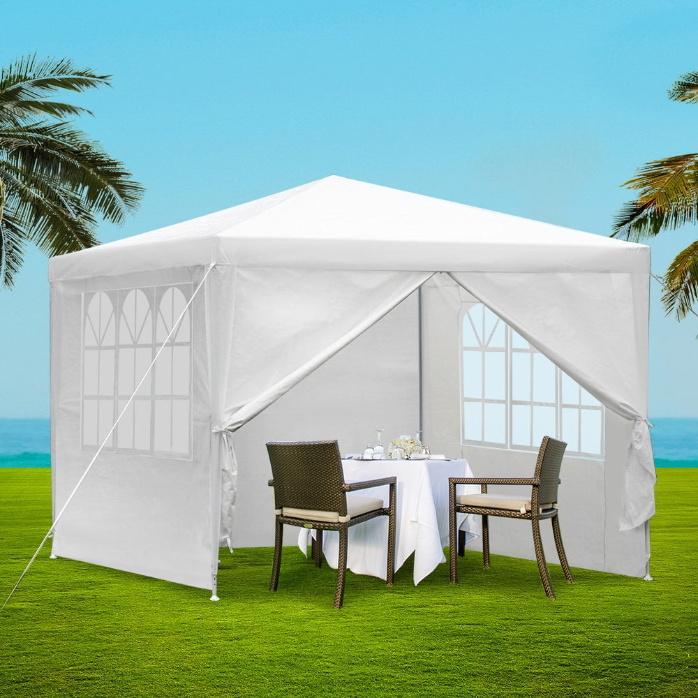 White pop-up gazebo tent with window side panels and open entrance