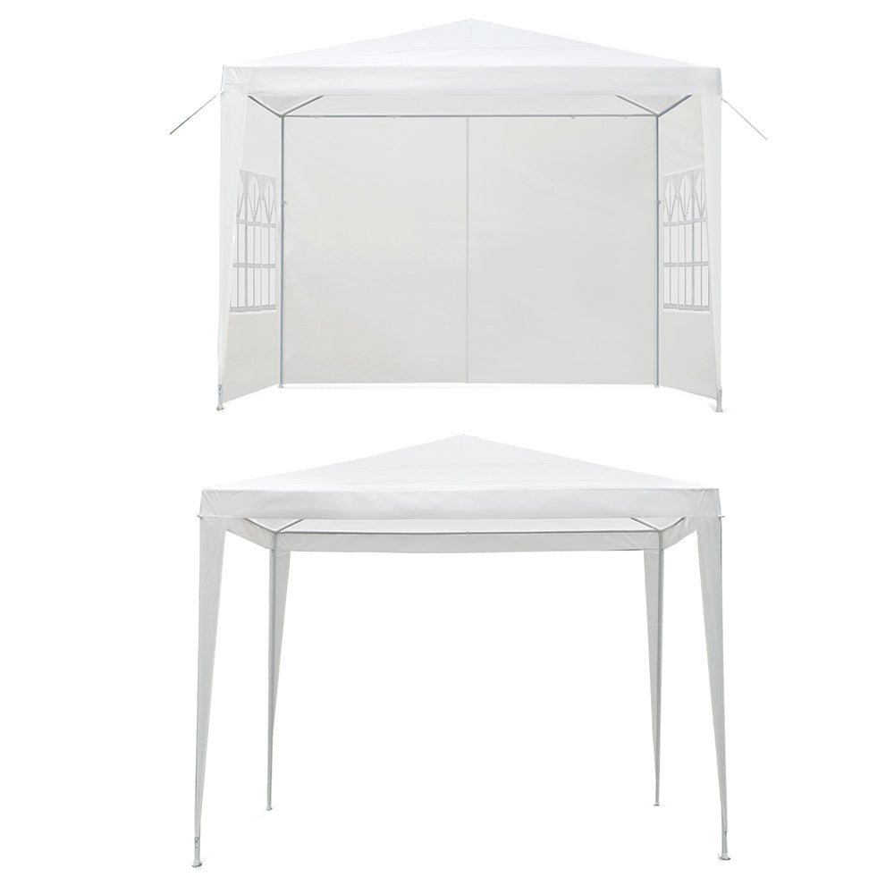 White gazebo tent with open entry front and window-style side panels