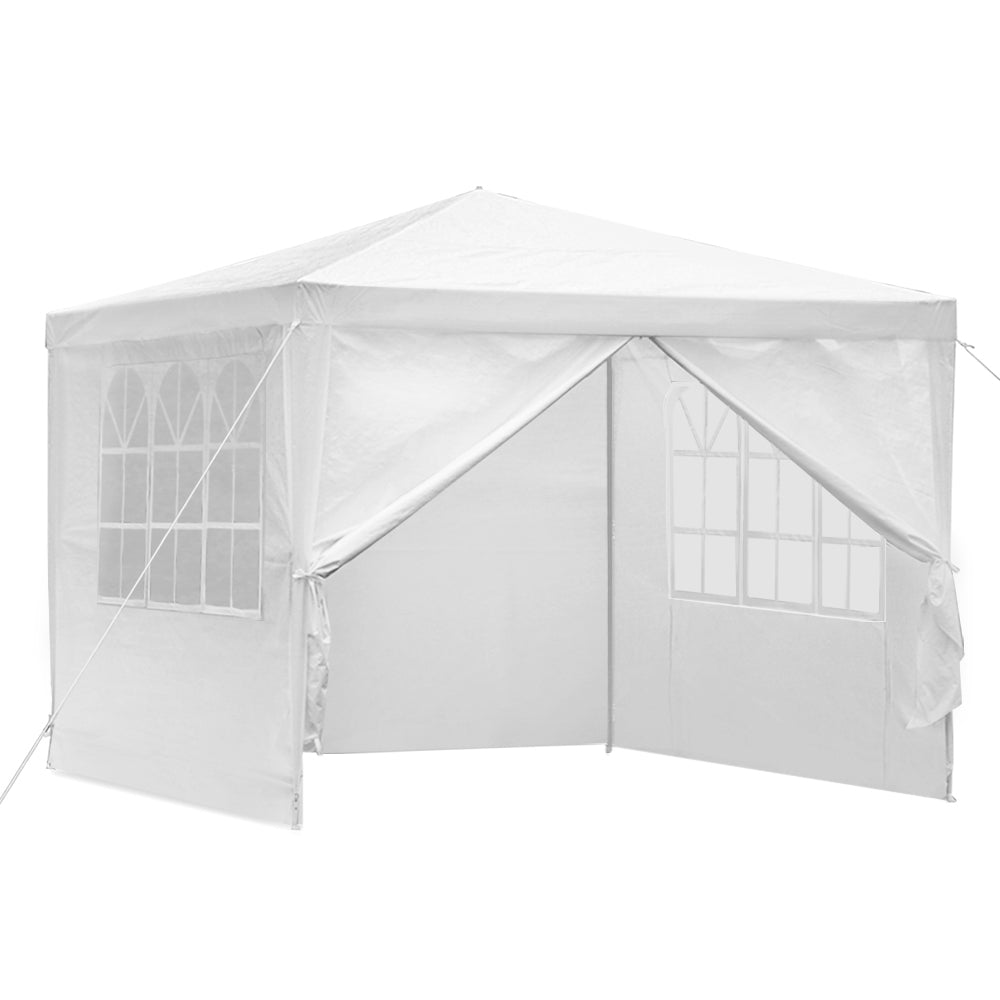 White gazebo tent with open sides and window-style mesh panels