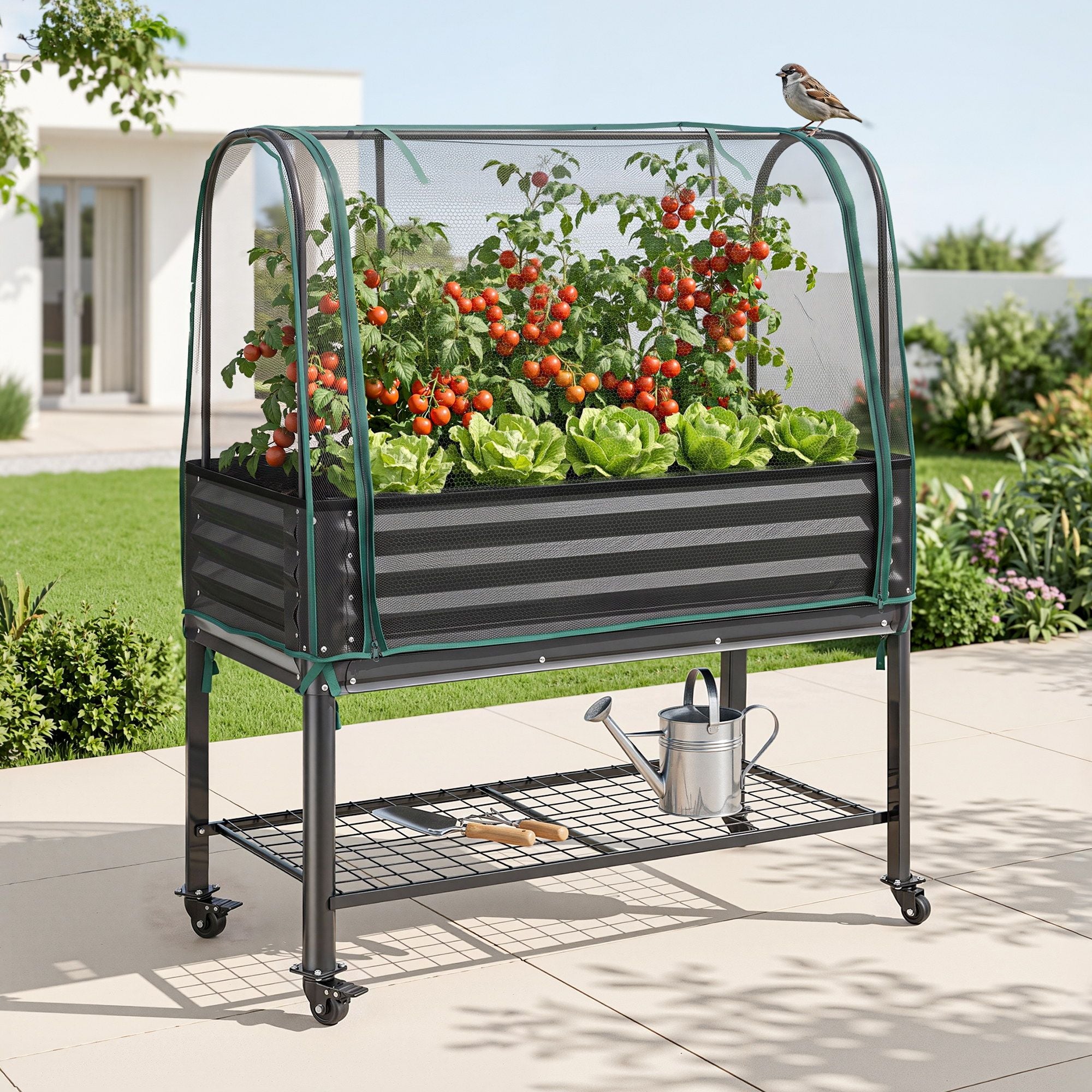 Green Fingers Mobile Raised Garden Bed with Net Cover Storage Shelf for Tomato Vegetables Herb Charcoal Bedworld