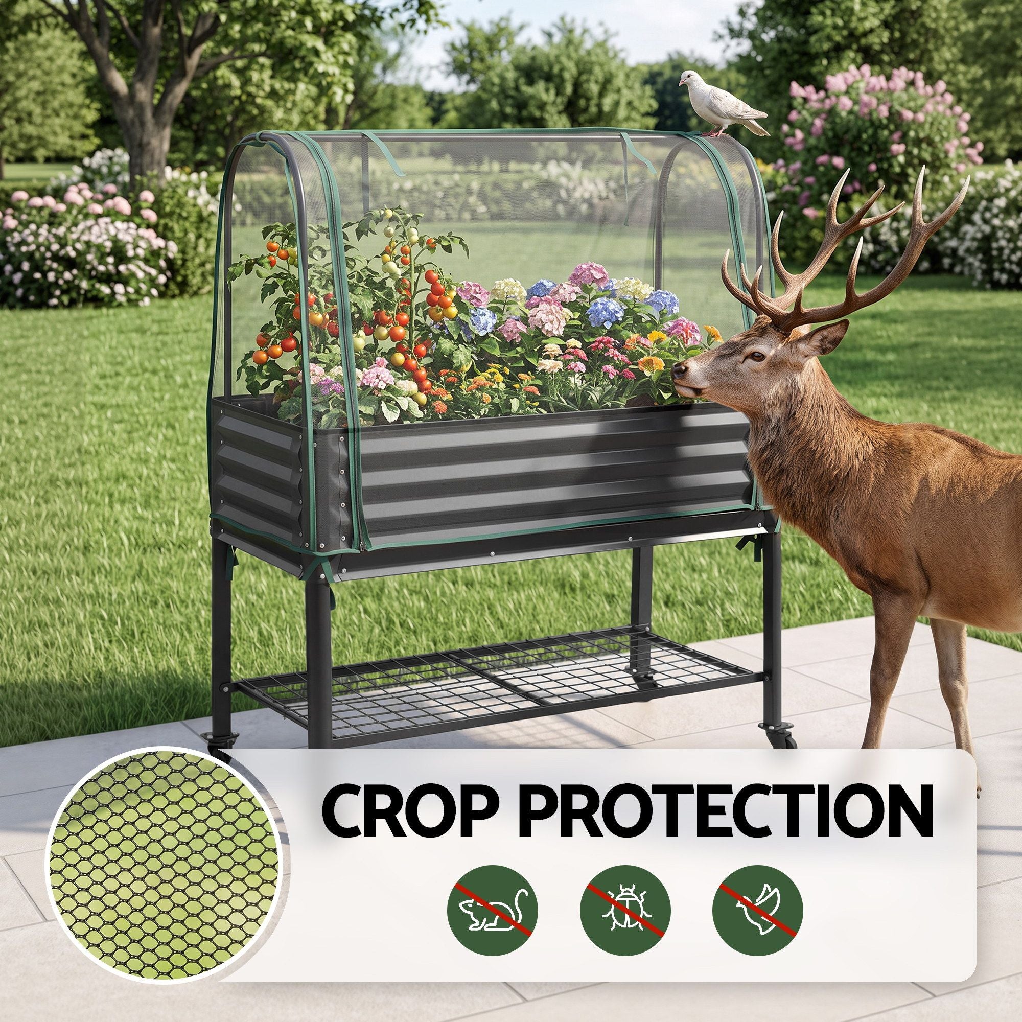 Green Fingers Mobile Raised Garden Bed with Net Cover Storage Shelf for Tomato Vegetables Herb Charcoal Bedworld