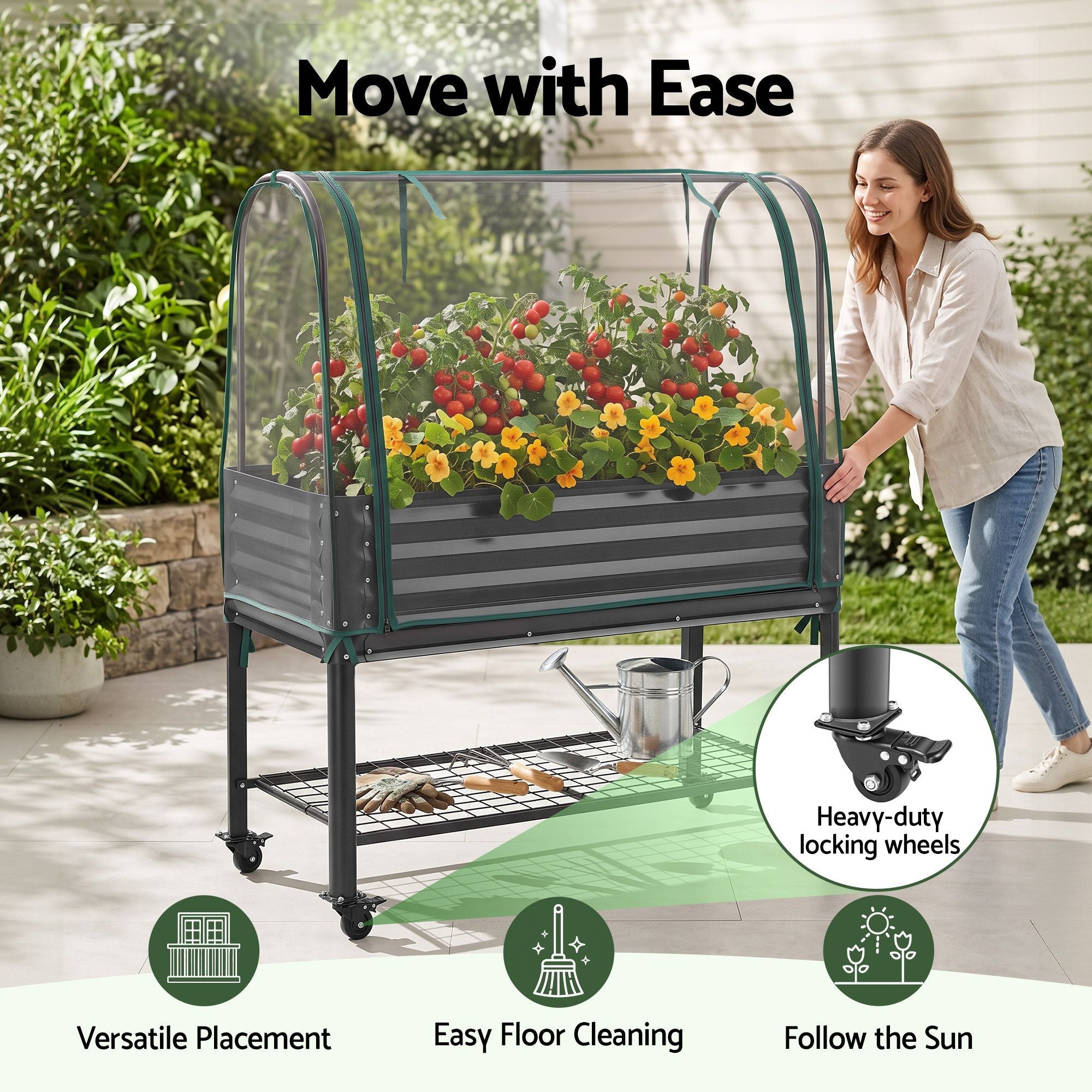 Green Fingers Mobile Raised Garden Bed with Net Cover Storage Shelf for Tomato Vegetables Herb Charcoal Bedworld