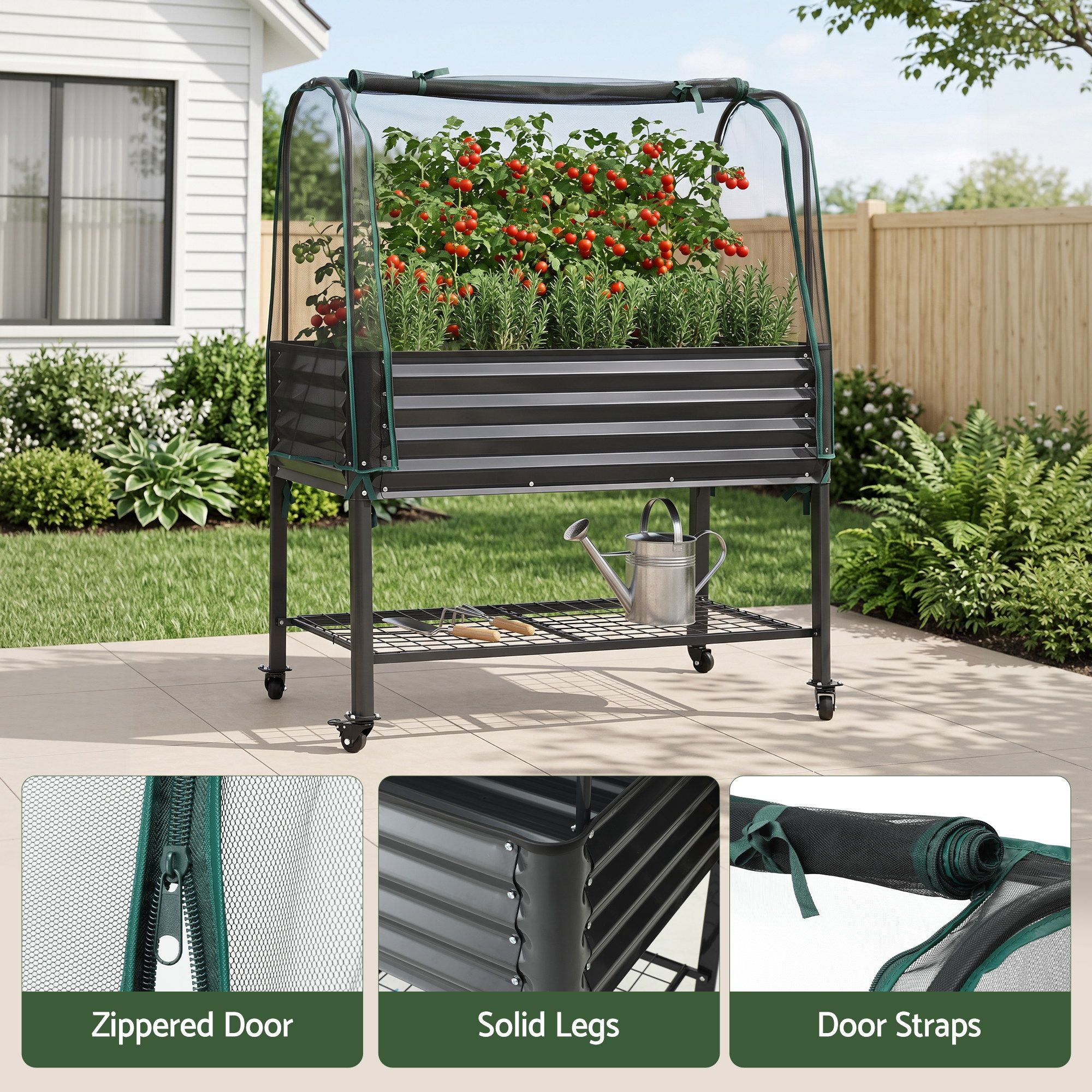 Green Fingers Mobile Raised Garden Bed with Net Cover Storage Shelf for Tomato Vegetables Herb Charcoal Bedworld