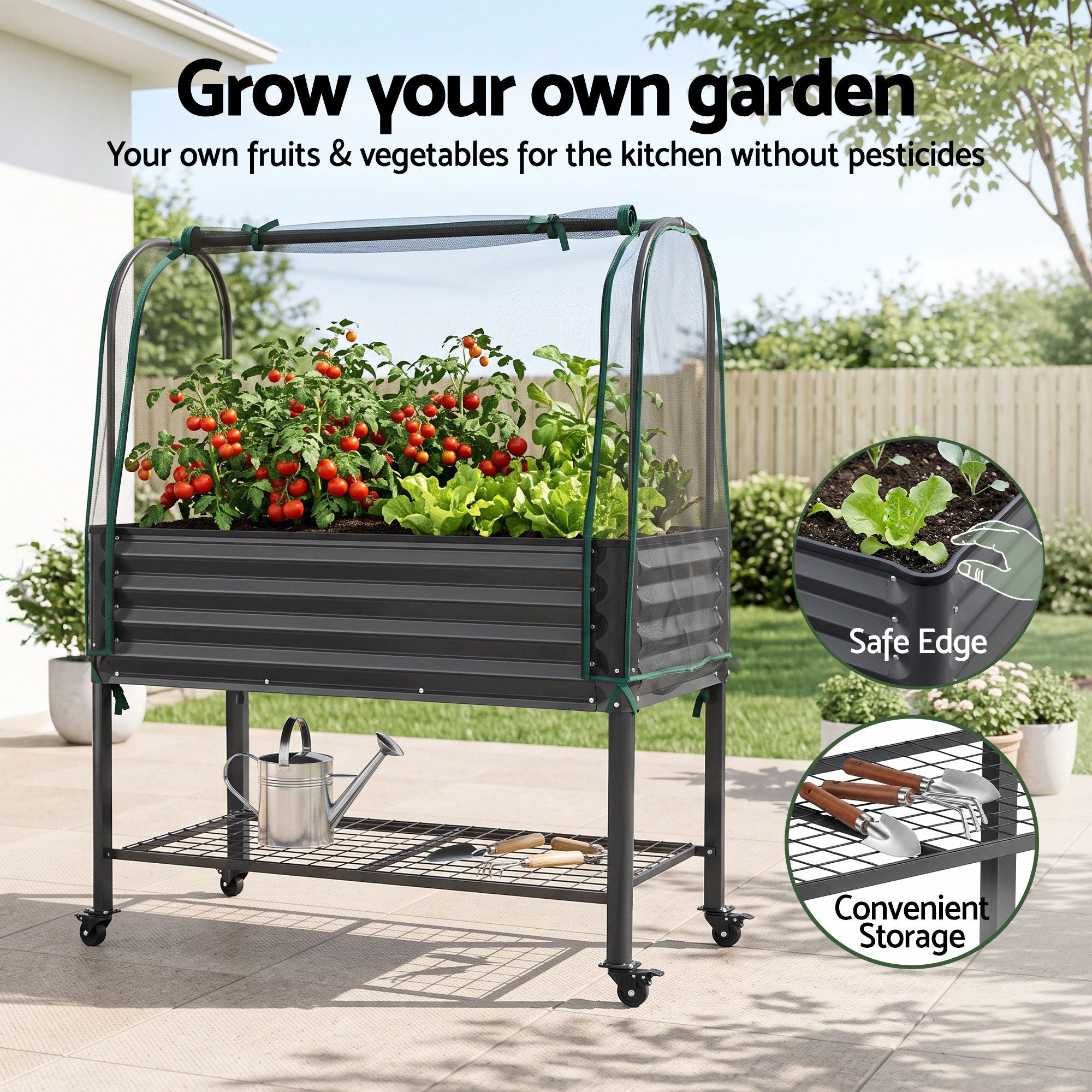 Green Fingers Mobile Raised Garden Bed with Net Cover Storage Shelf for Tomato Vegetables Herb Charcoal Bedworld