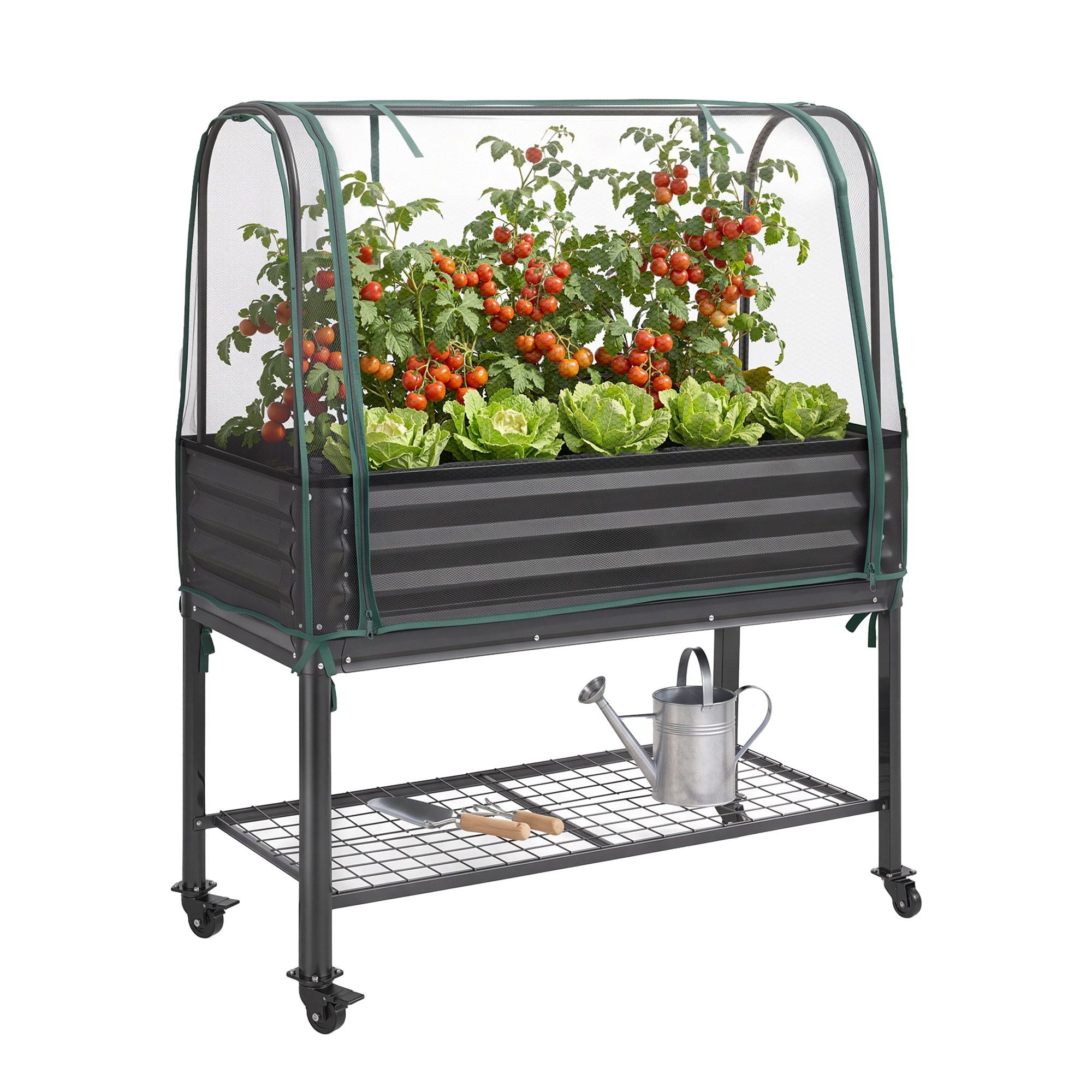 Green Fingers Mobile Raised Garden Bed with Net Cover Storage Shelf for Tomato Vegetables Herb Charcoal Bedworld