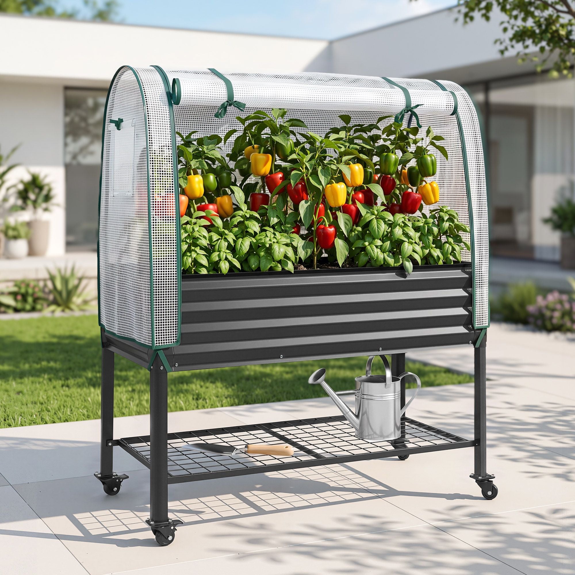 Green Fingers Mobile Raised Garden Bed with Greenhouse Cover Storage Shelf for Tomato Vegetables Herb Charcoal Bedworld