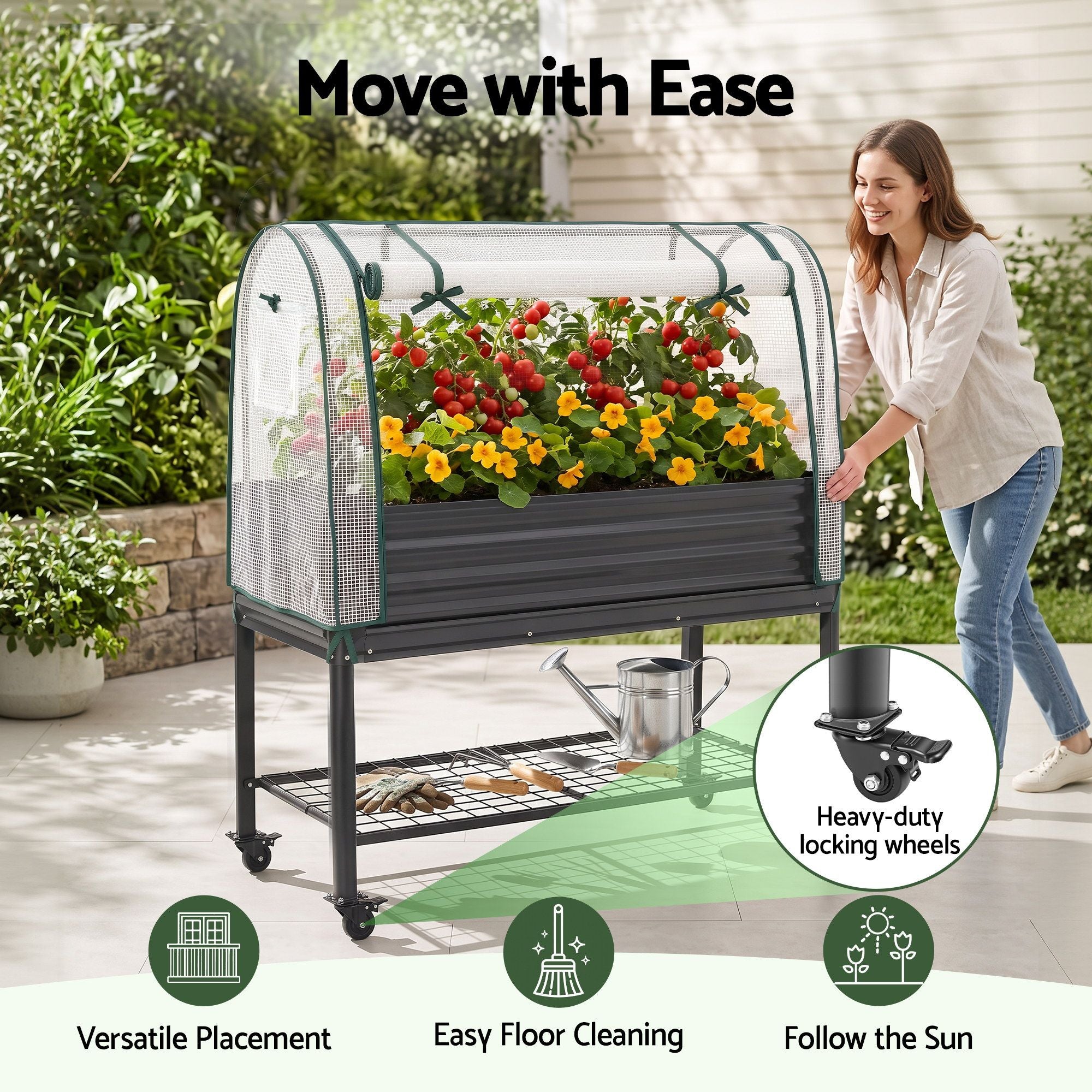 Green Fingers Mobile Raised Garden Bed with Greenhouse Cover Storage Shelf for Tomato Vegetables Herb Charcoal Bedworld