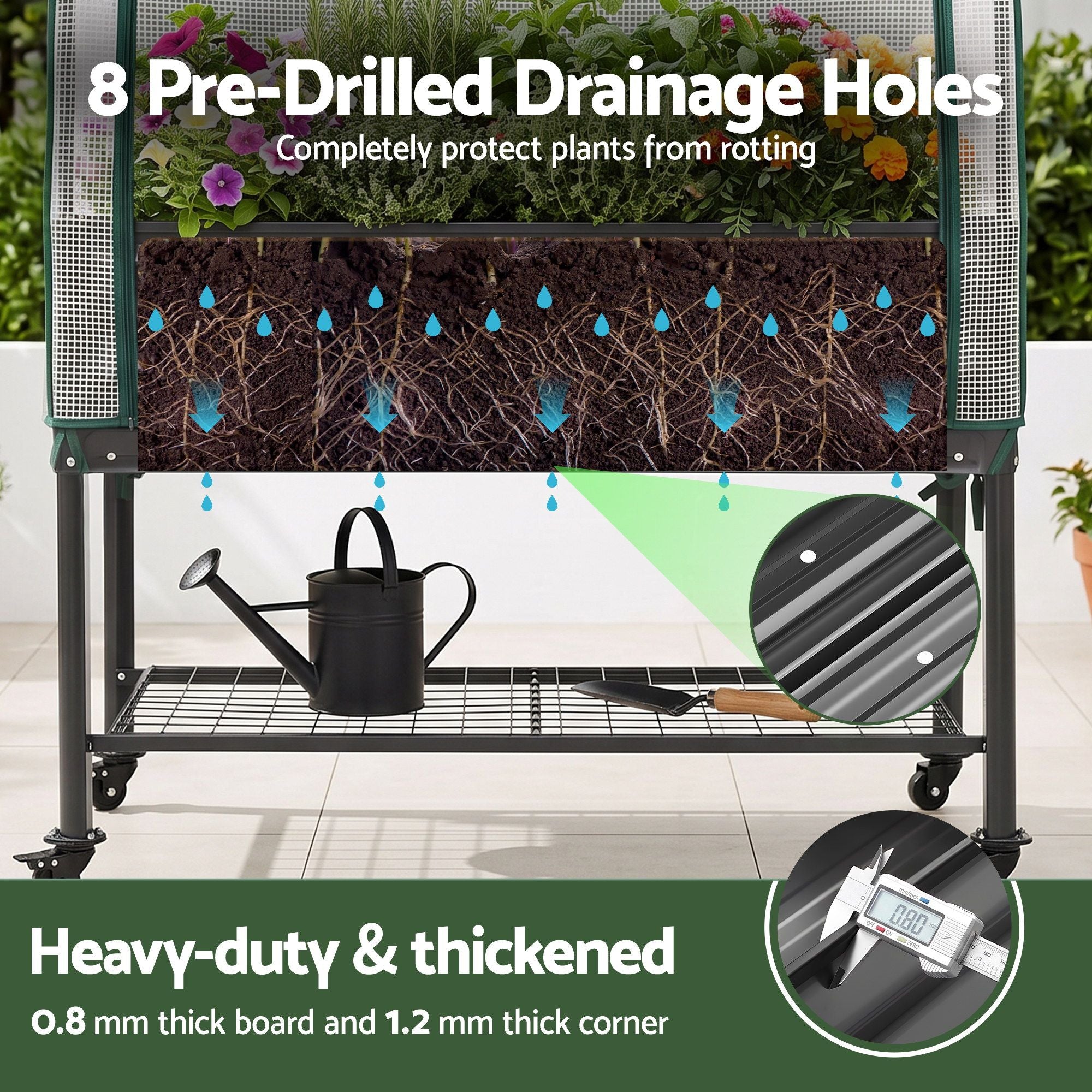 Green Fingers Mobile Raised Garden Bed with Greenhouse Cover Storage Shelf for Tomato Vegetables Herb Charcoal Bedworld
