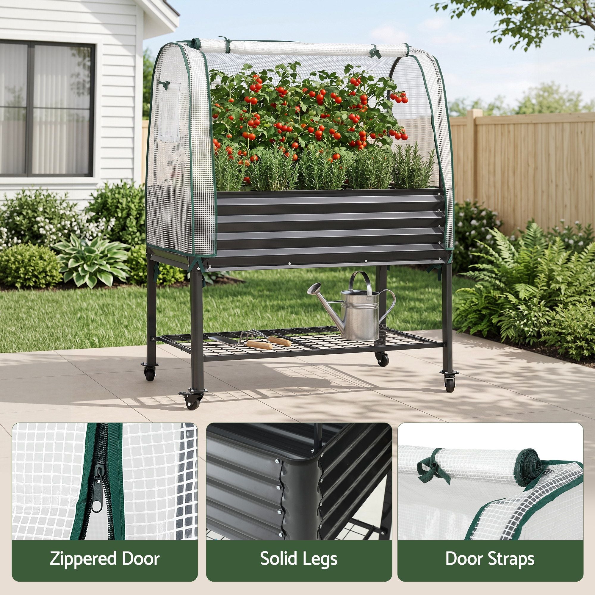 Green Fingers Mobile Raised Garden Bed with Greenhouse Cover Storage Shelf for Tomato Vegetables Herb Charcoal Bedworld