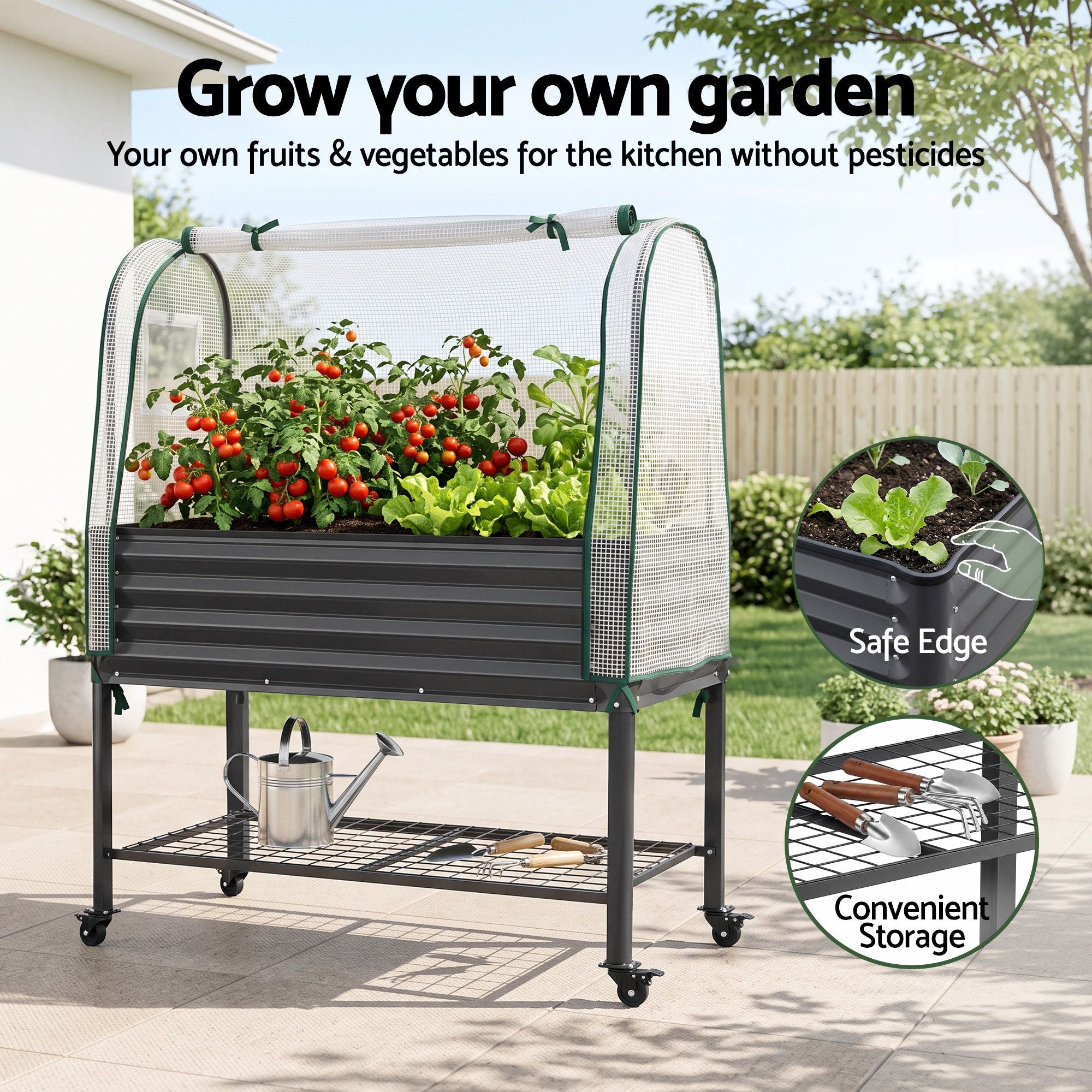 Green Fingers Mobile Raised Garden Bed with Greenhouse Cover Storage Shelf for Tomato Vegetables Herb Charcoal Bedworld