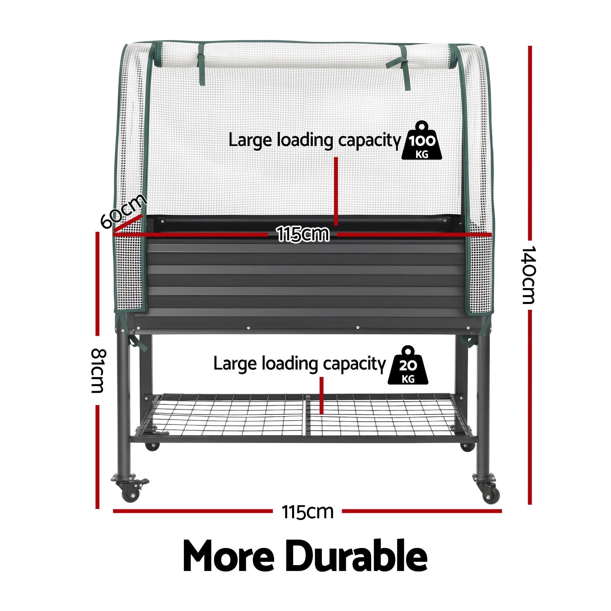 Green Fingers Mobile Raised Garden Bed with Greenhouse Cover Storage Shelf for Tomato Vegetables Herb Charcoal Bedworld