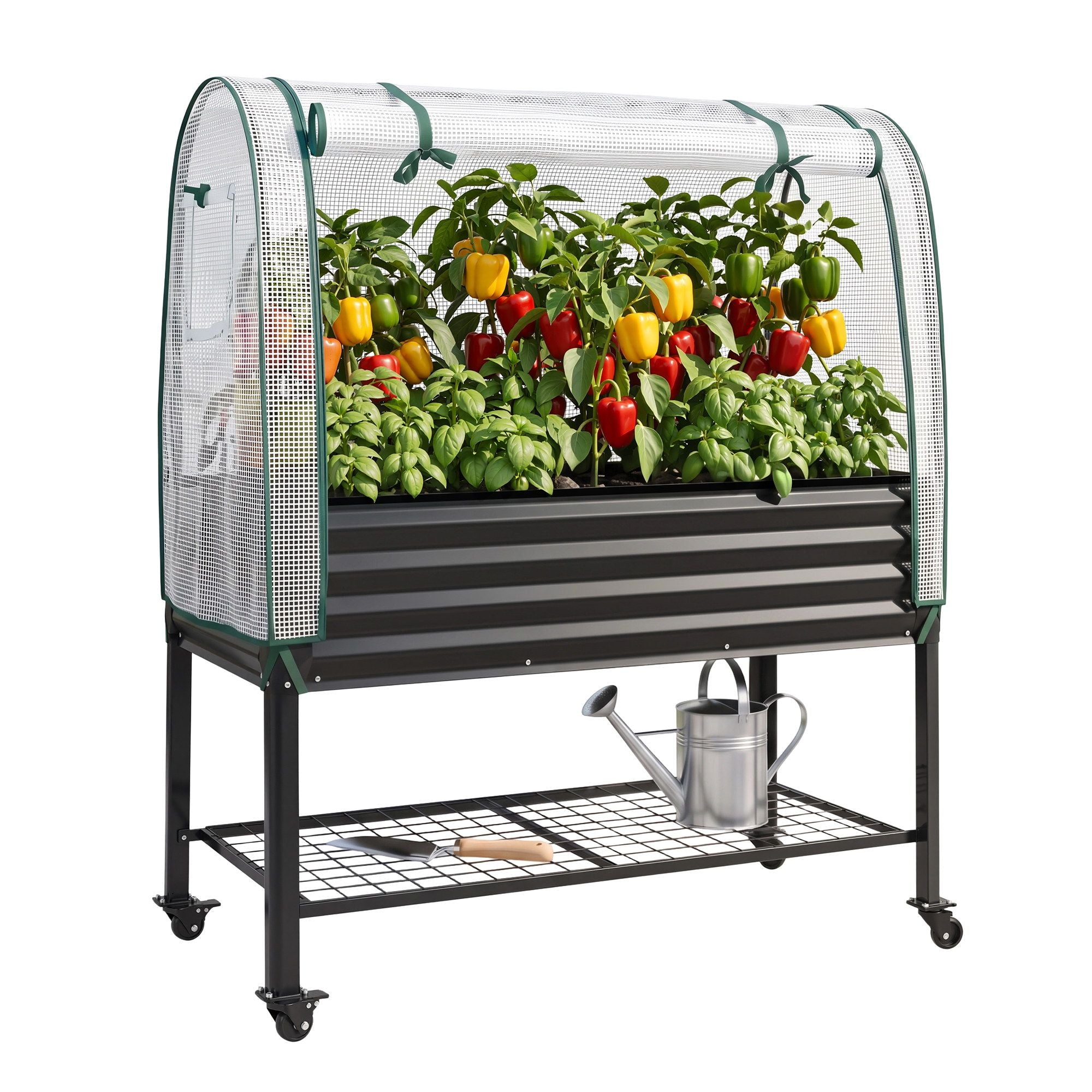 Green Fingers Mobile Raised Garden Bed with Greenhouse Cover Storage Shelf for Tomato Vegetables Herb Charcoal Bedworld