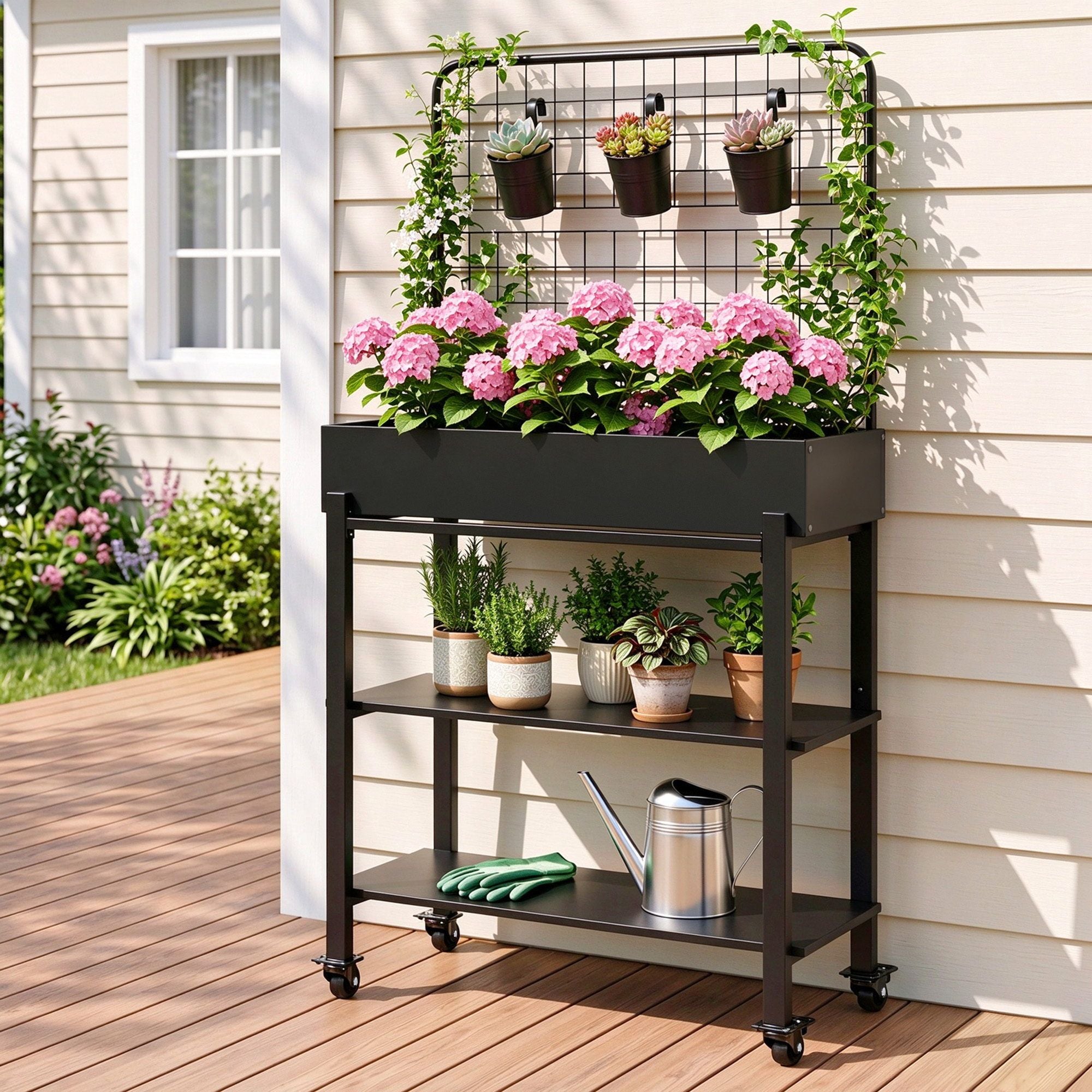 Green Fingers Mobile Raised Garden Bed with Trellis & Shelves Dark Grey Bedworld