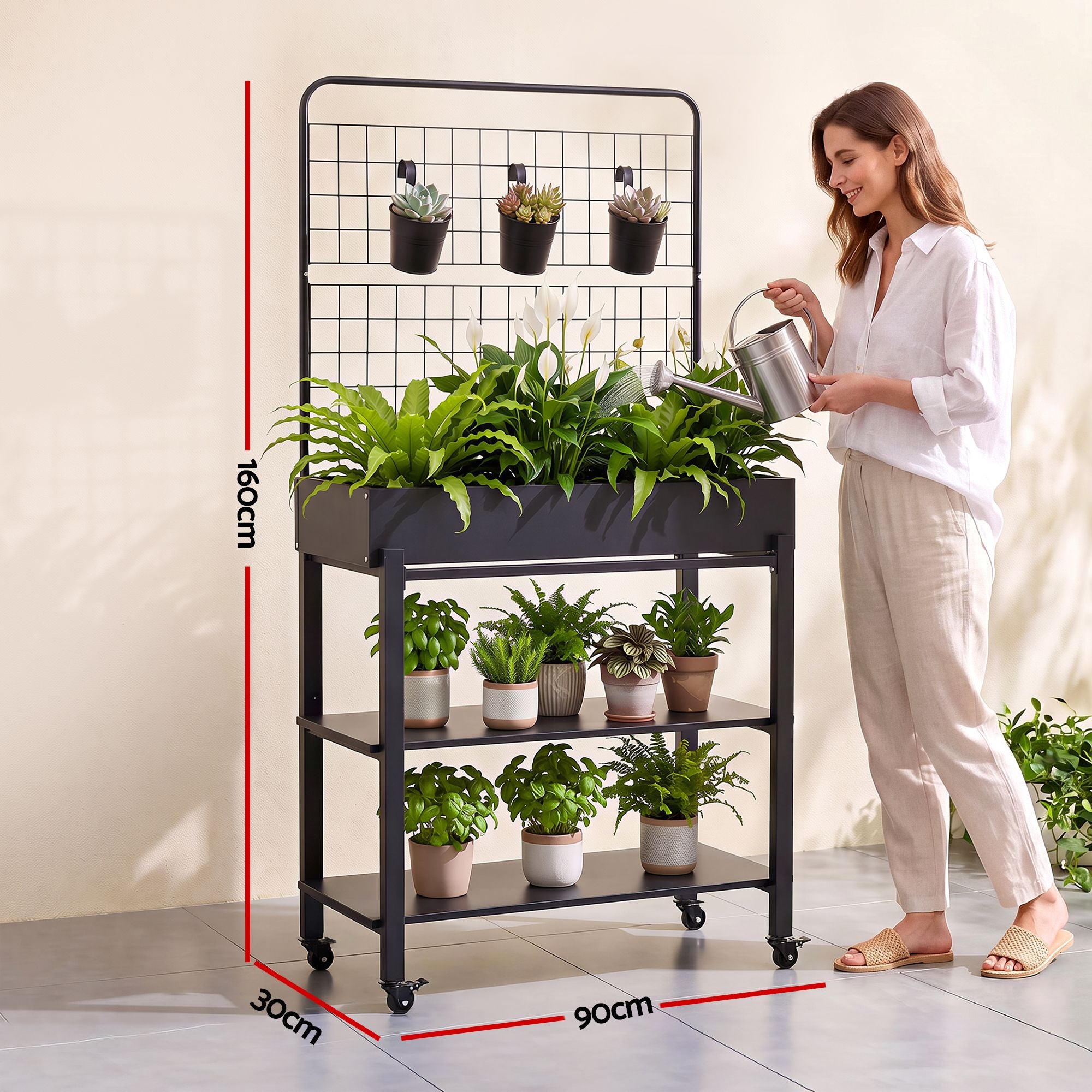 Green Fingers Mobile Raised Garden Bed with Trellis & Shelves Dark Grey Bedworld