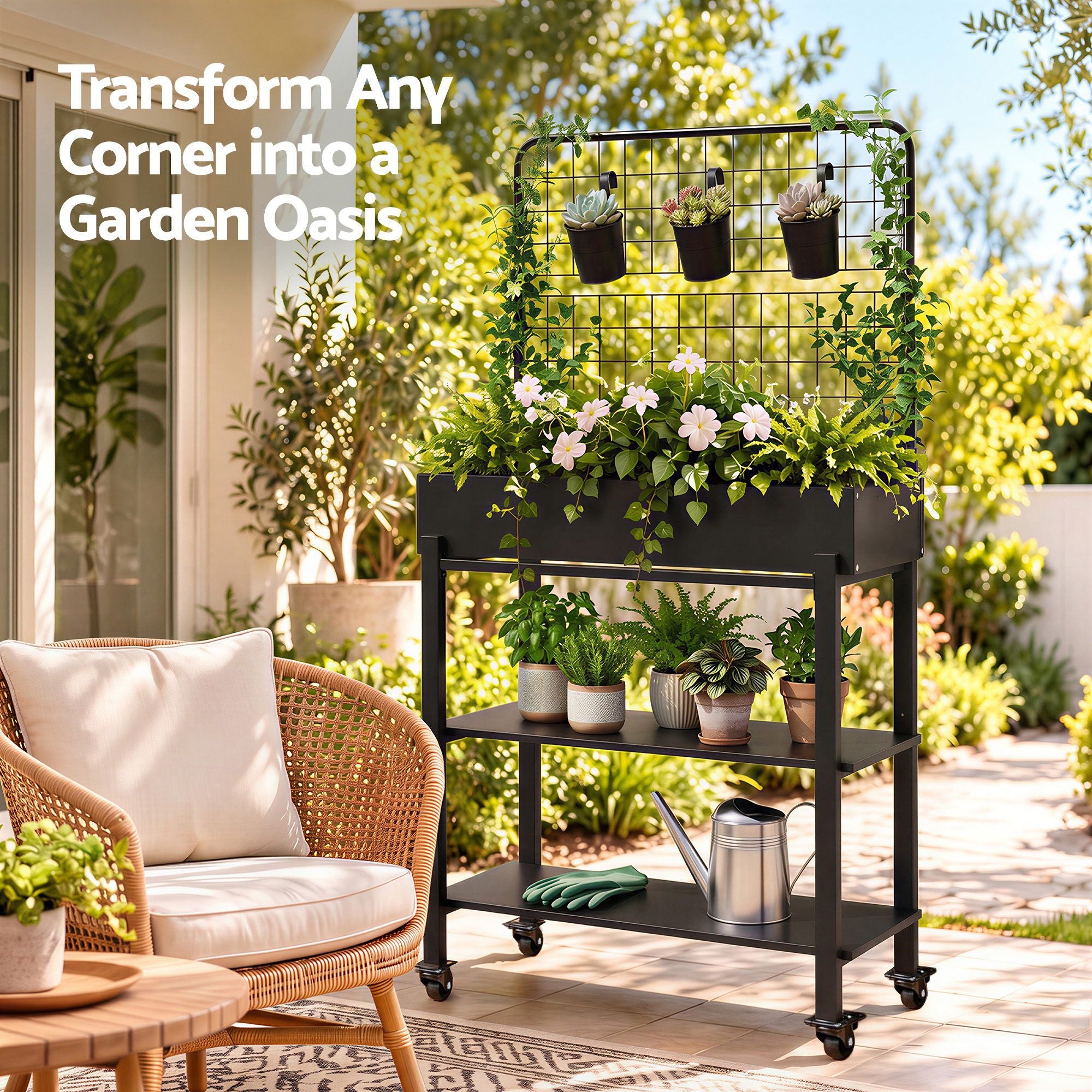 Green Fingers Mobile Raised Garden Bed with Trellis & Shelves Dark Grey Bedworld