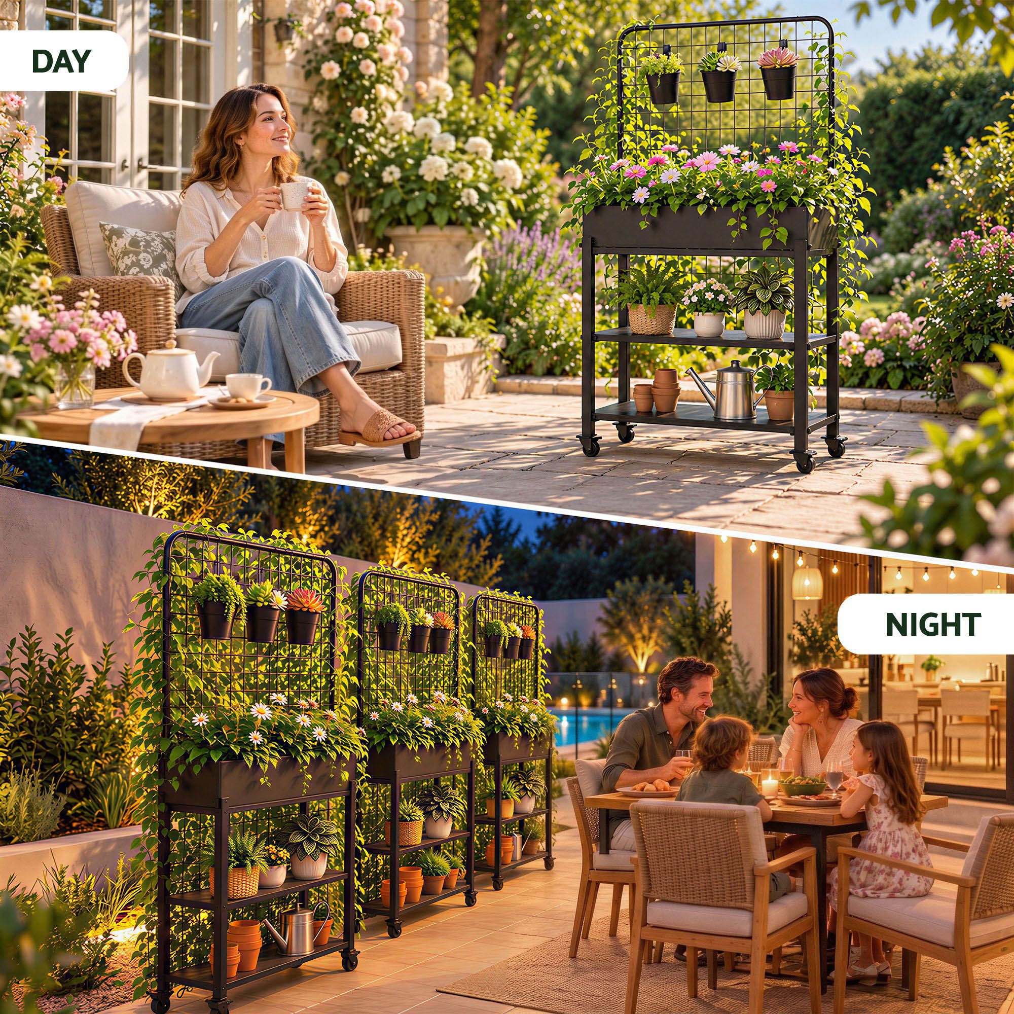 Green Fingers Mobile Raised Garden Bed with Trellis & Shelves Dark Grey Bedworld